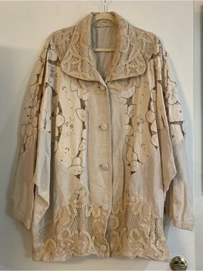 Vintage Boho Lace-Trim Beige Floral Jacket - Excellent Condition